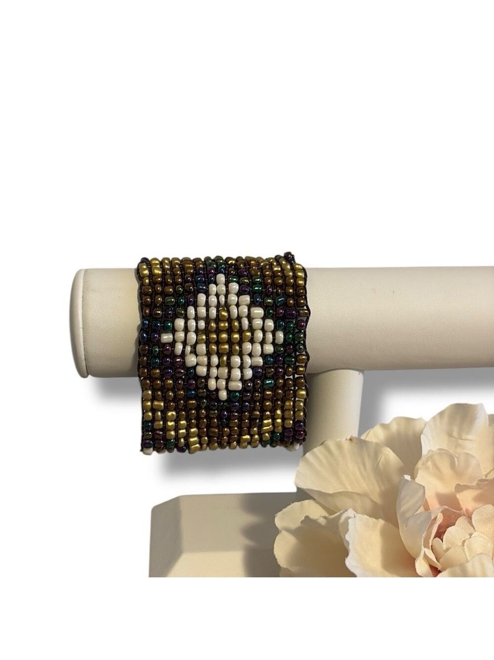 Southwestern Beaded Bracelet Stretch Geometric Purple & Gold Multi